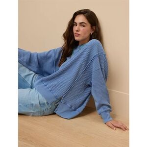 American Eagle Big Hug Waffle Crew Sweatshirt Blue Oversized Real Good S Y2K